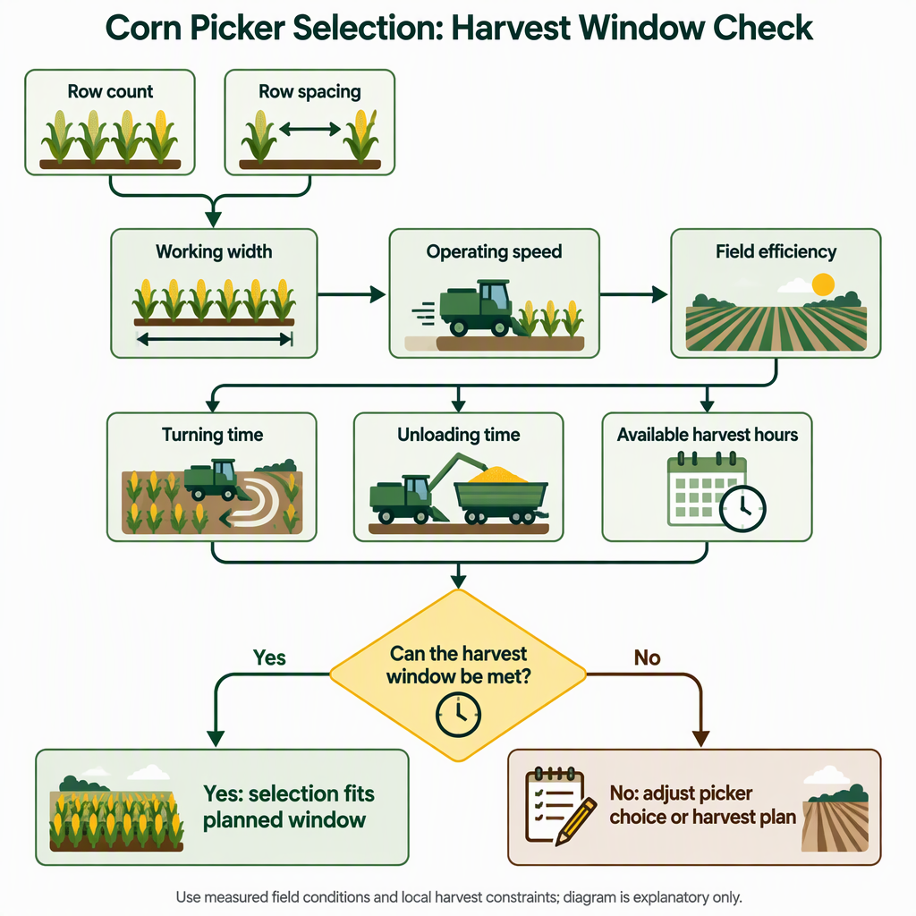 Diagrama de flujo que muestra el n&uacute;mero de hileras y el espacio entre hileras que conducen al ancho de trabajo, luego la velocidad, la eficiencia del campo y las horas de cosecha que conducen a la capacidad de cosecha.