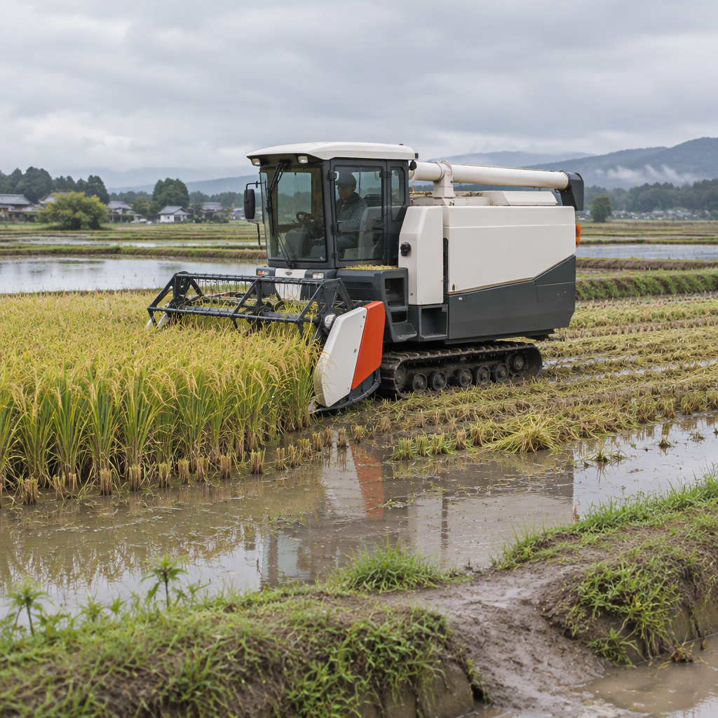 Concepto de cosechadora de arroz compacta sobre orugas que opera en un peque&ntilde;o arrozal h&uacute;medo con diques estrechos y acceso al campo