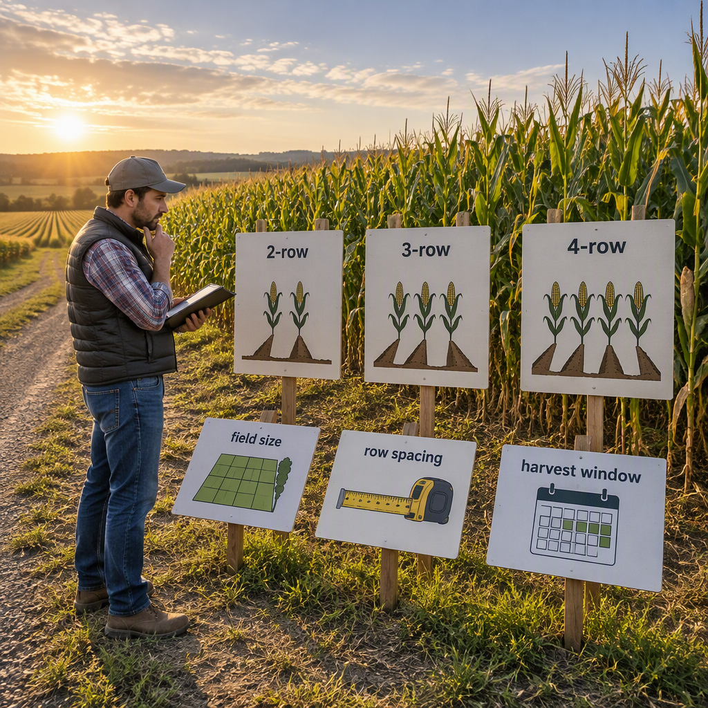 Comprador de equipos agr&iacute;colas comparando opciones de recolectores de ma&iacute;z de dos, tres y cuatro hileras junto a un campo de ma&iacute;z