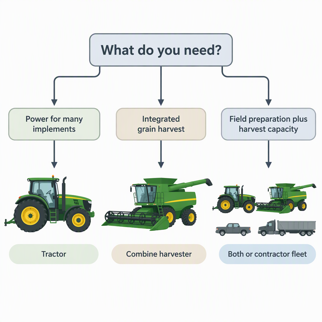 Flujo de decisiones que muestra cu&aacute;ndo elegir un tractor, una cosechadora o ambos