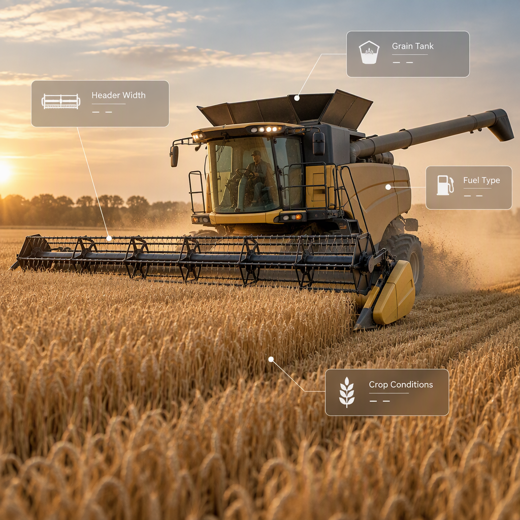 Comparaci&oacute;n de las especificaciones de una cosechadora de trigo para un campo de cereales abierto