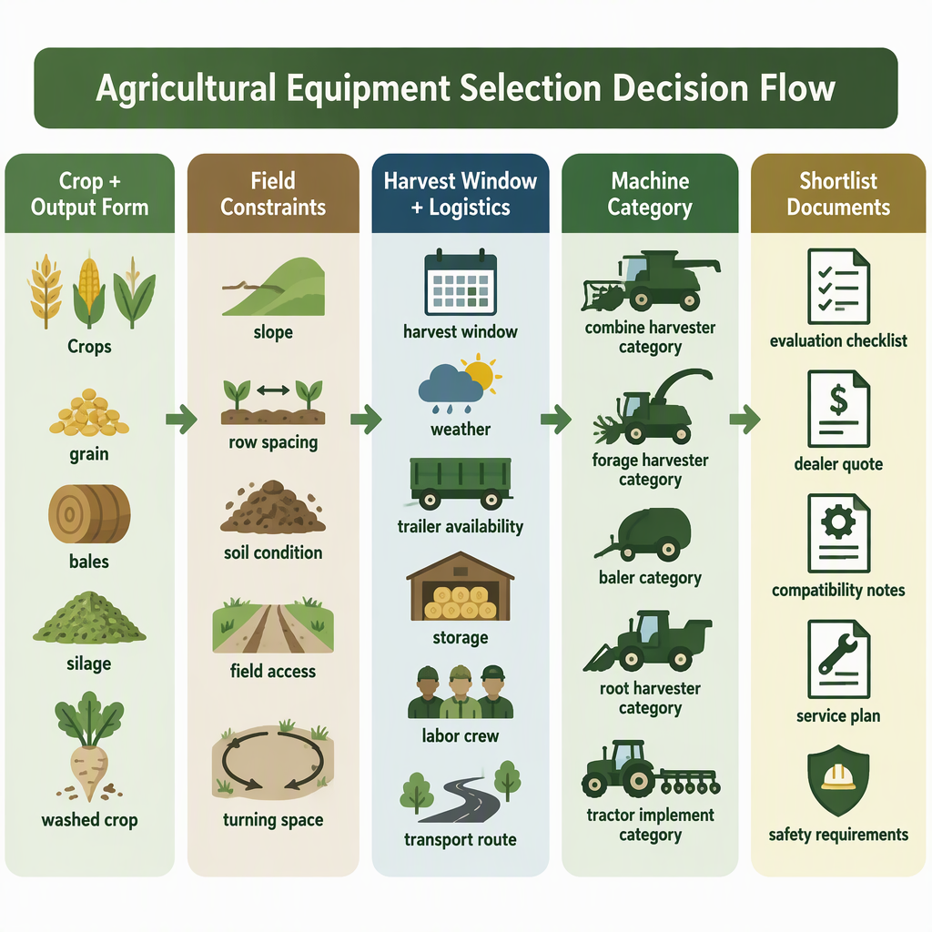 Flujo de decisiones desde la producci&oacute;n del cultivo hasta las limitaciones del campo, la ventana de cosecha, la categor&iacute;a de la m&aacute;quina y los documentos de lista corta