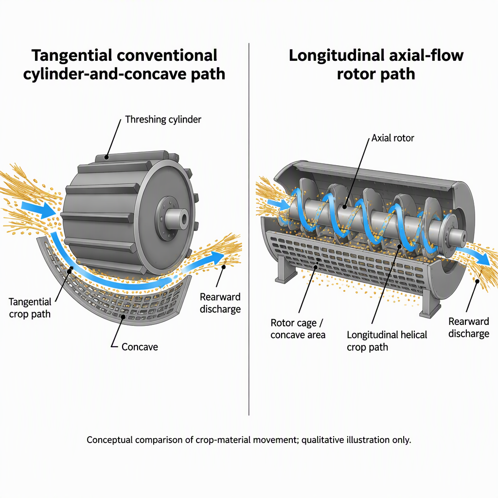 Diagrama que compara el flujo del cultivo a trav&eacute;s de una trayectoria de cilindro tangencial y una trayectoria de rotor de flujo axial