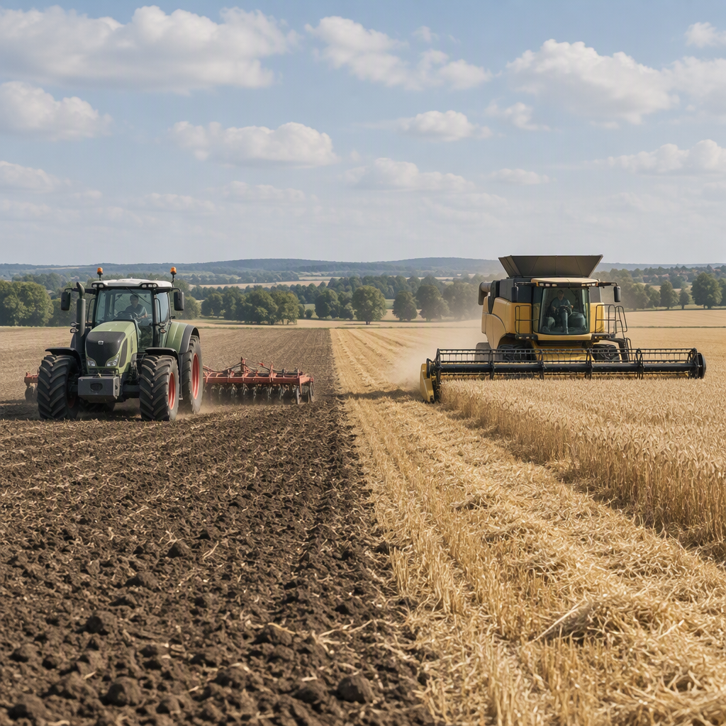 Tractor trabajando con un implemento y una cosechadora operando en tareas de campo separadas