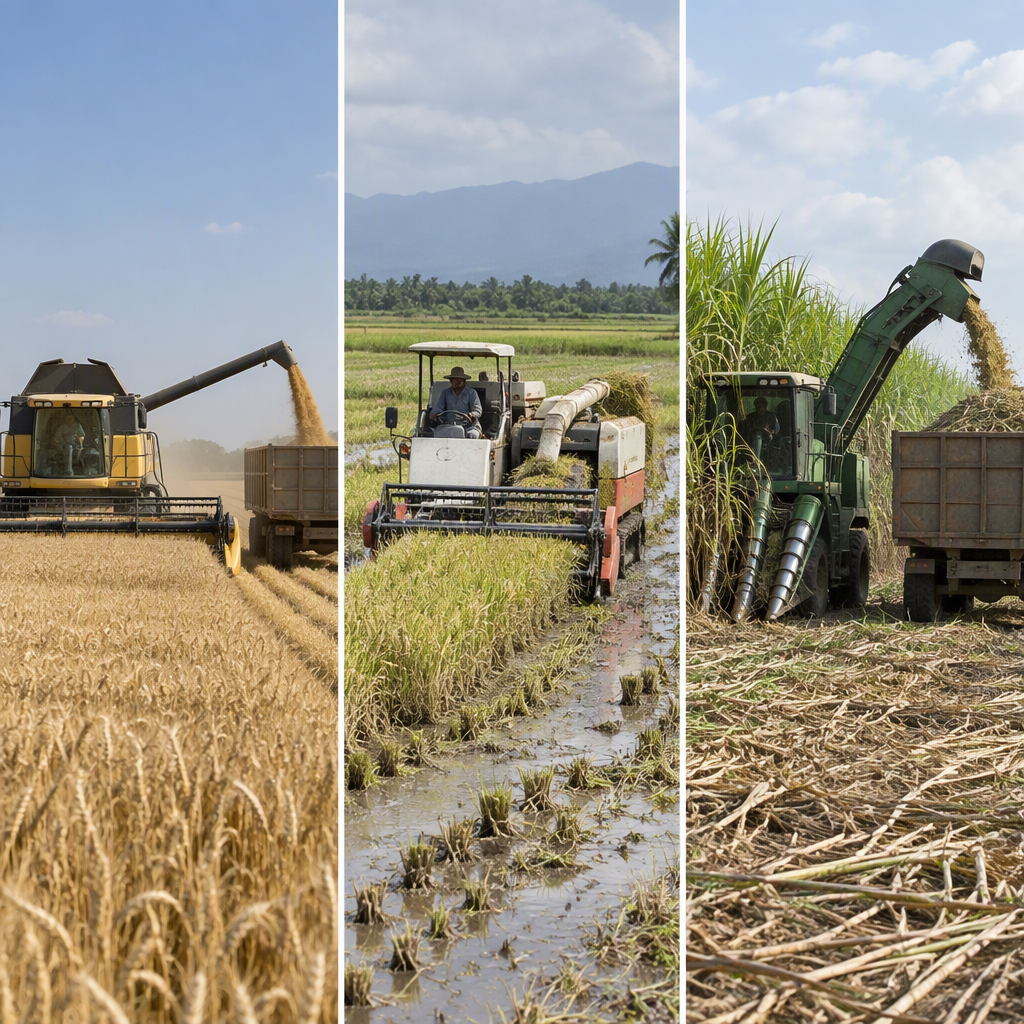 Equipos de cosecha adaptados a la producci&oacute;n de cultivos de cereales, arroz y ca&ntilde;a de az&uacute;car.