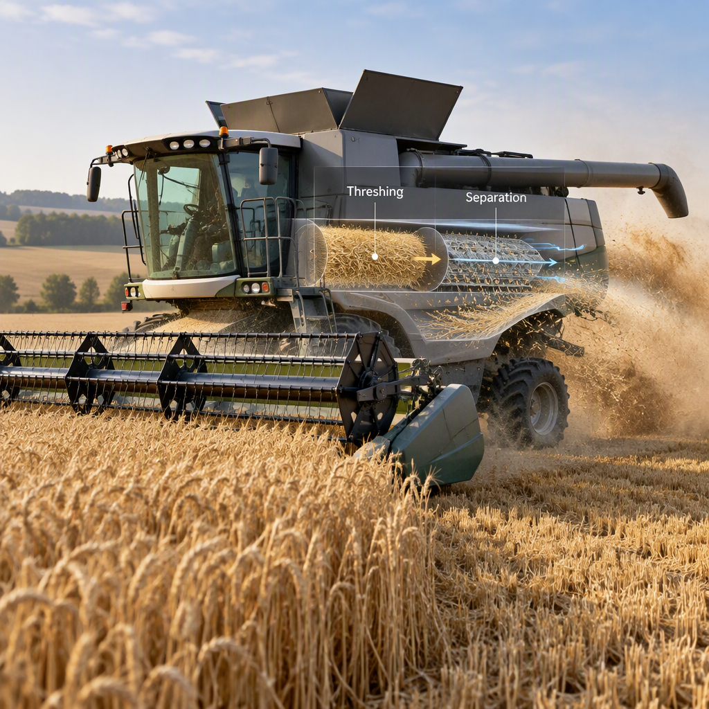 Cosechadora trabajando en un campo de cereales con flujo de cultivo y decisi&oacute;n de trilla enfatizada