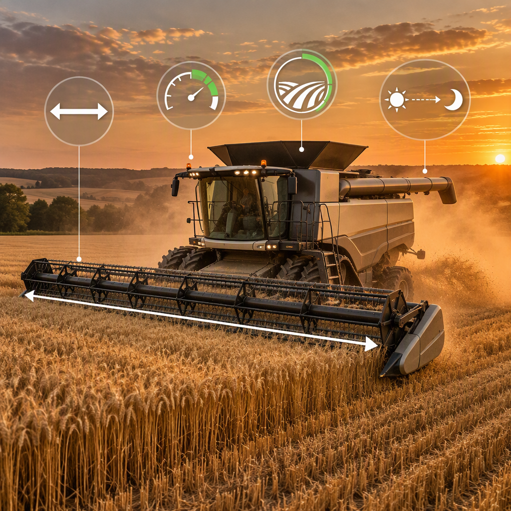Cosecha de granos de gran tama&ntilde;o con conceptos de eficiencia de campo de velocidad de ancho y ventana de cosecha mostrados como una superposici&oacute;n de planificaci&oacute;n