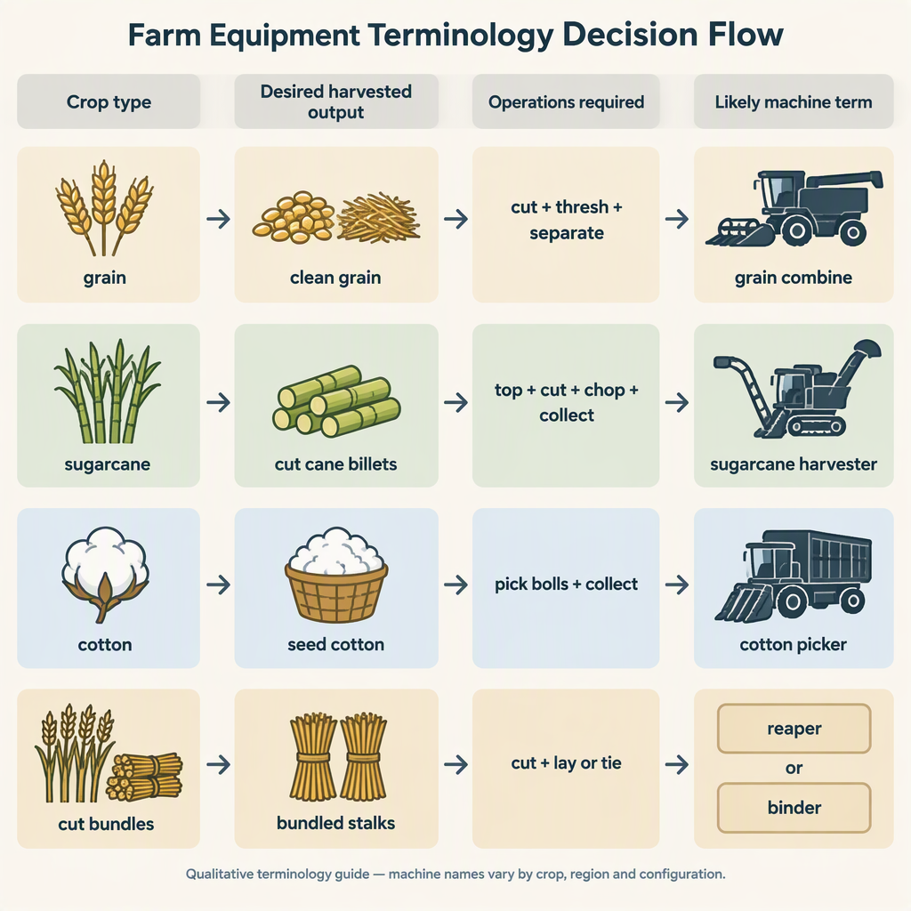 Flujo de decisiones desde el tipo de cultivo y la producci&oacute;n cosechada hasta la terminolog&iacute;a de cosechadora combinada o cosechadora espec&iacute;fica del cultivo